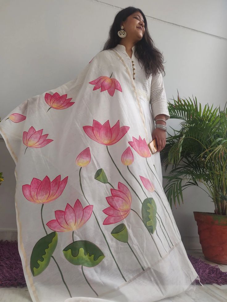 Hand-Painted White Organza Dupatta with Pink Lotus Design – Customizable