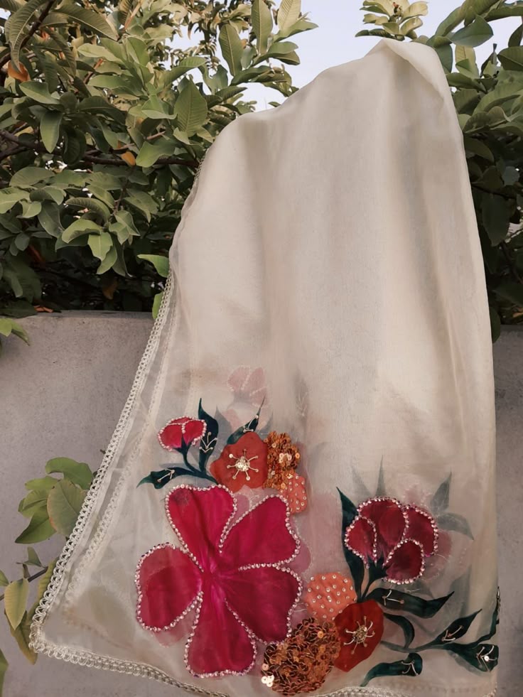 Hand-Painted Floral Organza Dupatta – Crimson & Copper Bloom