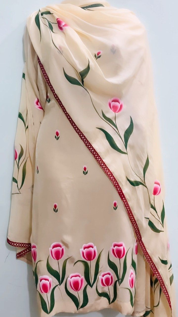 Blush Beige Hand-Painted Tulip Suit with Dupatta – Elegant Floral Artwear
