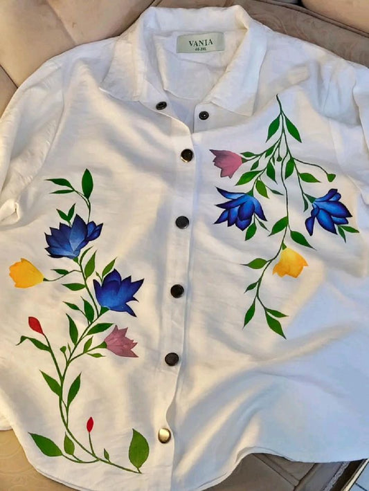 Hand-Painted Multicolor Floral White Shirt – Casual Artwear (VANIA Collection)
