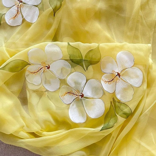Hand-Painted Floral Dupatta – Yellow Organza | Customizable | Summer Fresh Look