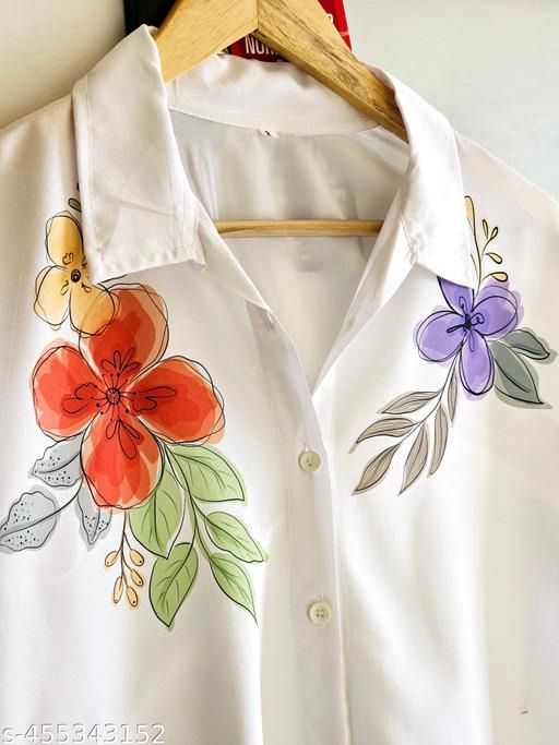 White Hand-Painted Floral Shirt with Bold Artistic Blossoms – Custom Artwear